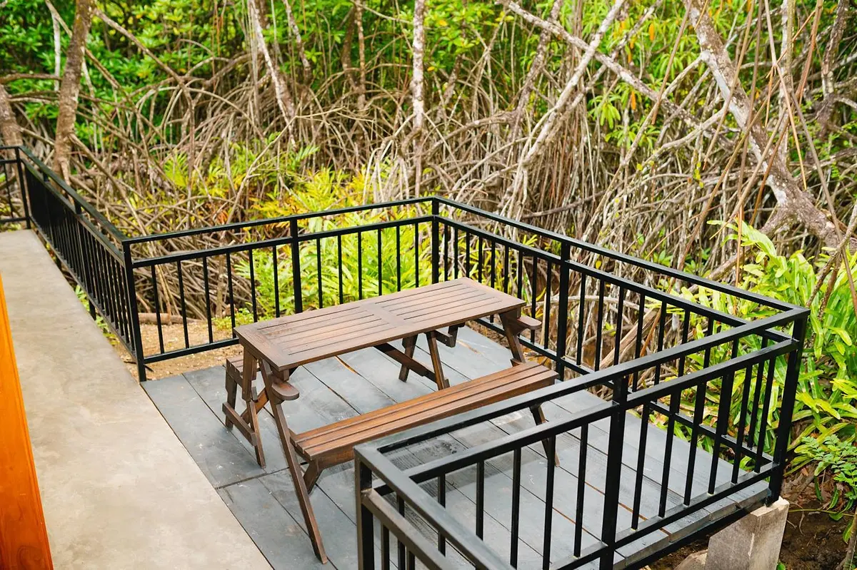 Private timber deck with a picnic table set among the mangroves